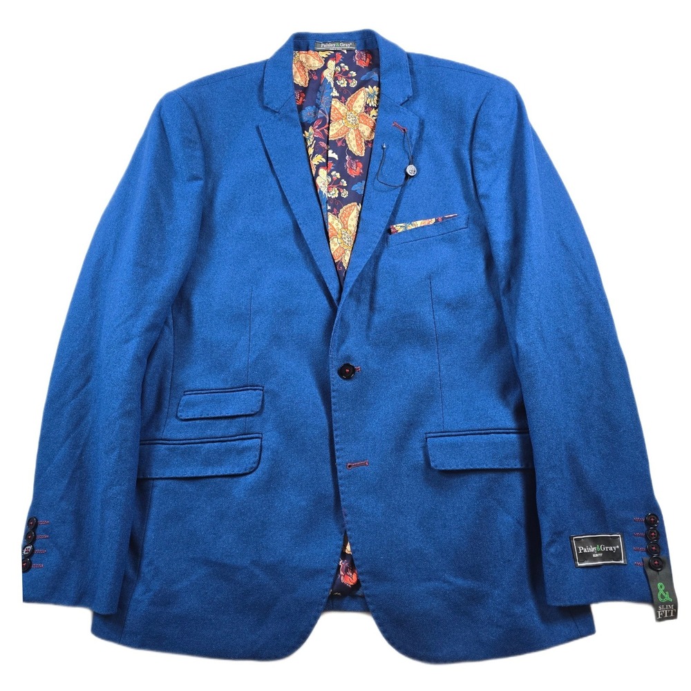Paisley & Gray Blazer Mens 44R Bright Blue Wool Blend Slim‎ Fit Sport Coat NEW